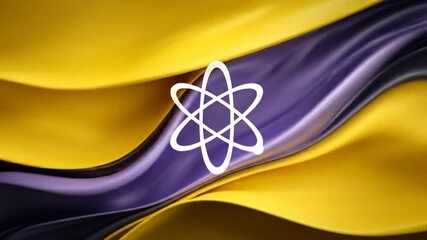 Abstract wave motion with atom symbol against yellow and purple