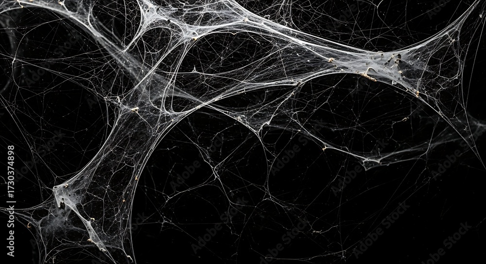 Wall mural intricate, dense cobweb structure with fine silk threads against a stark black background, showcasin