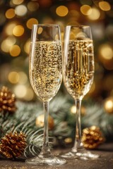 Two champagne flutes with bubbles against festive background