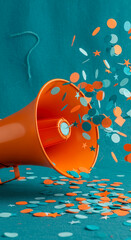 Orange megaphone with scattered confetti. It represents an announcement, celebration, or important notification, perfect for marketing or event concepts