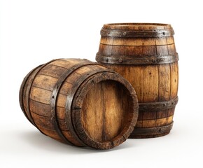 Fototapeta premium Two weathered wooden barrels against a clean white backdrop