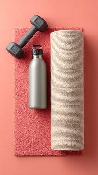 Fitness Essentials Dumbbell, Water Bottle, and Rolled Yoga Mat on Coral Background