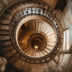 Fototapeta premium Intricate spiral staircase design historic building architectural photography dimly lit environment close-up view visual depth