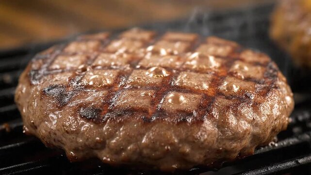 A sizzling hamburger patty on a grill marked with distinct char lines