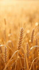 Golden wheat field glistens under sunlight, showcasing ripe grains ready for harvest, symbolizing abundance and nature beauty