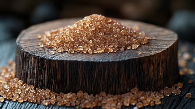 A mound of sparkling brown sugar crystals on a rustic wooden pedestal.