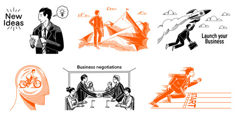 Business and teamwork concepts. Start Up and look for opportunities. Banner in hand drawn outline style for your company, management, strategy, negotiations, new horizons, success 