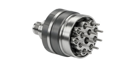 Metallic industrial connector with multiple pins on plain white background