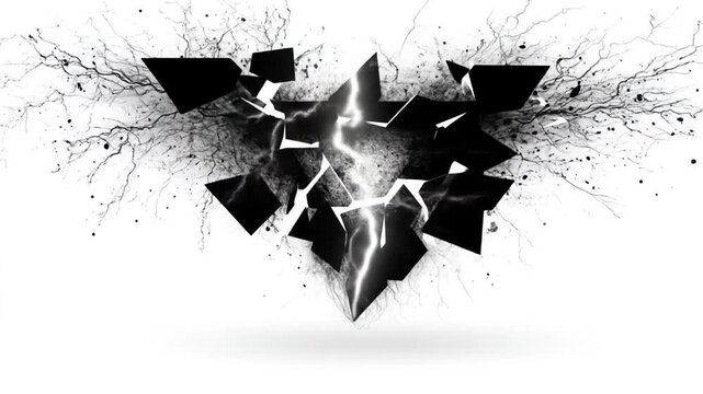 Abstract black triangle shape with explosive lightning on white background