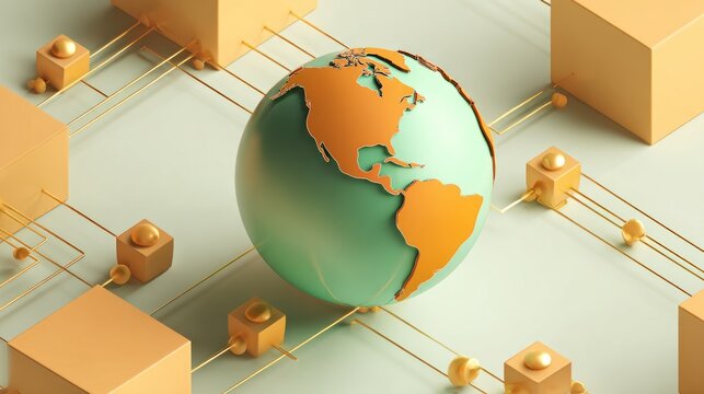 3D globe, connected by lines, on a grid