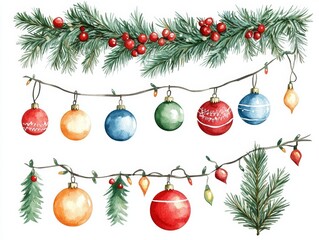 Colorful Festive Christmas Garland Featuring Balls Lights and Fir Branches