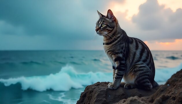 Stunning tabby cat gazing at the ocean waves at sunset with dramatic skies, perfect for pet lovers, travel blogs, and coastal lifestyle brands