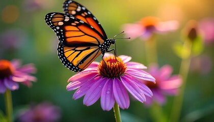 Obraz premium Stunning monarch butterfly rests delicately on a vibrant purple coneflower, bathed in warm golden hour sunlight, capturing nature's serene beauty.