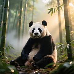 panda sitting in the bamboo forest