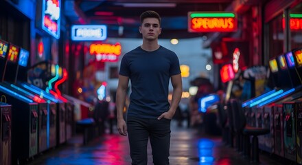 A confident young man standing amidst vibrant arcade games and neon lights ambiance