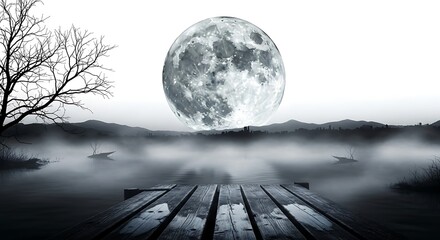 A full moon looms large over a misty lake with a wooden pier in the foreground and silhouetted trees on the left