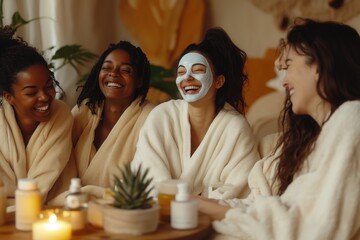 A group of diverse women of different ethnicities sitting in a cozy living room, wearing matching robes, laughing, and applying face masks.