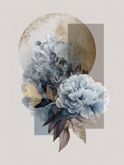 Double exposures of close-up flowers with geometric shapes and textured gold accents, contemporary art posters with a bohemian aesthetic