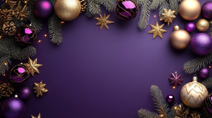 Top View Purple Holiday Background with Golden Balls and Ornaments