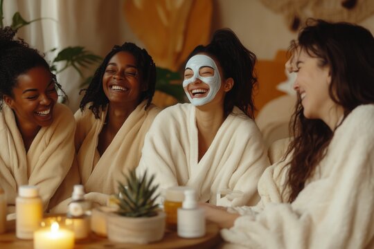 A group of diverse women of different ethnicities sitting in a cozy living room, wearing matching robes, laughing, and applying face masks.