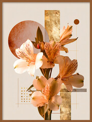 Double exposures of close-up flowers with geometric shapes and textured gold accents, contemporary art posters with a bohemian aesthetic