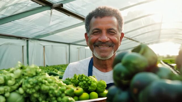 Middle aged African American man with his garden vegetable crop. With gentle hands, the gardener harvests fresh vegetables from his well-tended garden patch.