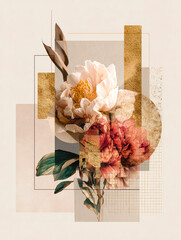 Double exposures of close-up flowers with geometric shapes and textured gold accents, contemporary art posters with a bohemian aesthetic