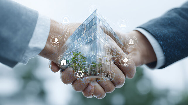 Close up of a handshake with a modern building and environmental icons symbolizing eco-friendly business