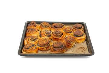 Freshly baked poppy seed rolls in a tray. Golden brown crust with a sweet spiral filling.