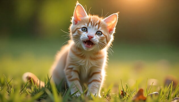 Adorable ginger kitten meowing happily in sun-drenched green grass, a captivating scene full of joy and playful energy for heartwarming pet content