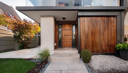 the front door of a modern house near the sidewalk
