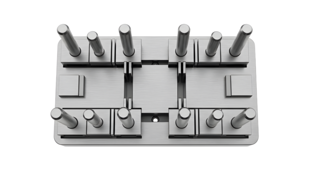 Metallic Mechanical Puzzle with Cylindrical Pegs and Square Blocks on Silver Base
