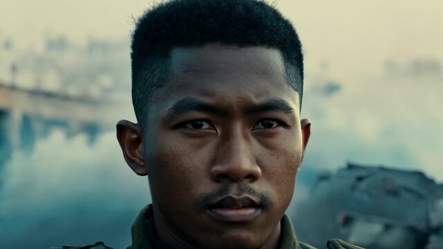A serious Asian soldier looking at camera. Smoke, soot and the outline of a destroyed city behind him. Soldier looks serious, war ruins and smoke fill the background.