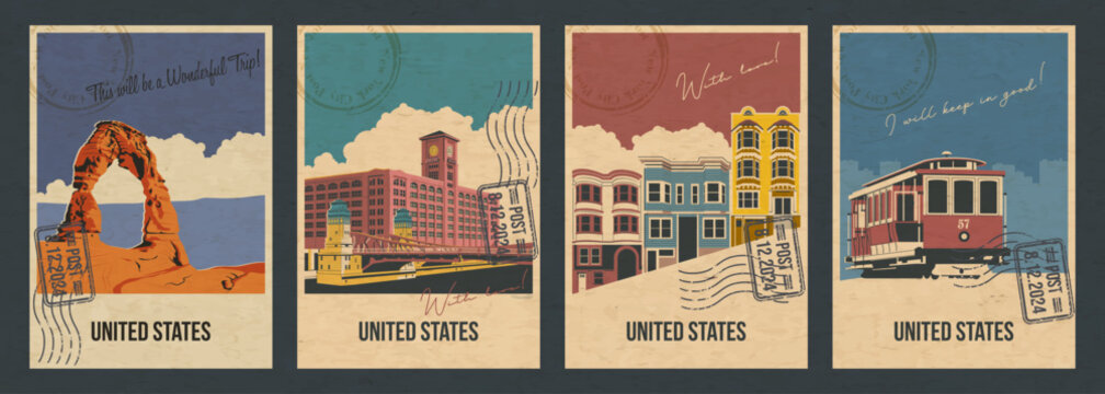 United States Main Attractions Postcard Set. San Francisco Tram, Steep Street Buildings, Delicate Arch in Arches National Park, Chicago Reid Murdoch Building. Aged Paper Texture