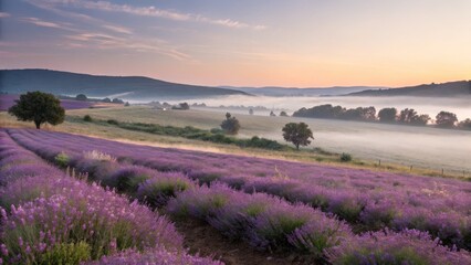 Lavender field in the morning mist with mountains in the background