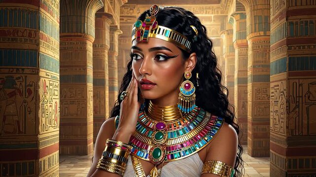 Confident young black woman in traditional Egyptian queen costume with colorful gold jewelry, beaded necklace, and ornate crown, standing in ancient temple with hieroglyphic columns