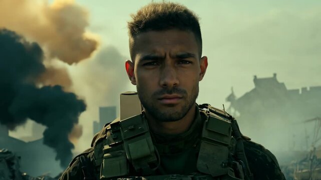 A serious Caucasian soldier looking at camera. Smoke, soot and the outline of a destroyed city behind him. Soldier&rsquo;s intense eyes with war smoke and destroyed city backdrop.