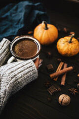Female hands in sweater holding mug of hot chocolate, pumpkins and spices on rustic wooden background, cozy autumn scene
