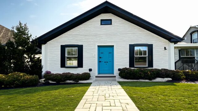 Modern farmhouse exterior with a clear path and vibrant front lawn. Modern farmhouse exterior. White house with a blue entrance door and with a front yard lawn, pathway to entrance.