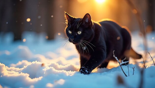 Stunning black cat gracefully explores a winter wonderland bathed in warm golden hour sunlight, capturing magical moments of nature's beauty and feline curiosity.