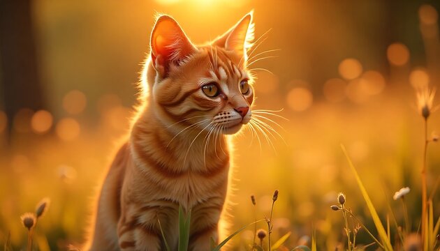 Golden hour glow bathes adorable ginger cat exploring sun-drenched meadow with soft bokeh background
