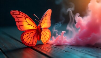 Vibrant orange butterfly glows with inner light emerging from ethereal pink smoke against a dark, moody background