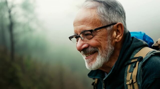 An old smiley Caucasian man with backpack during a hike in a forest. A joyful older man with a backpack hikes through dense forest under bright daylight.