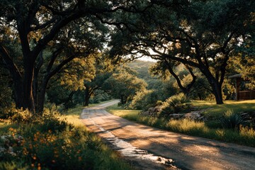 Obraz premium Country road through trees at sunset