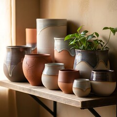 Assorted Ceramic Pots and Planters on Shelf.