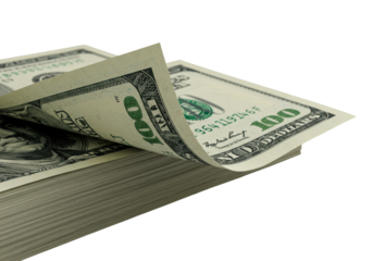 Extreme macro close-up of new US 100 dollar bill with curled corner revealing security thread, Ben Franklin portrait, linen texture, vibrant green hues on transparent, Concept of financial precision