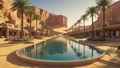 ultra detailed 360° panorama of luxury desert resort built near cliff oasis, palm trees
