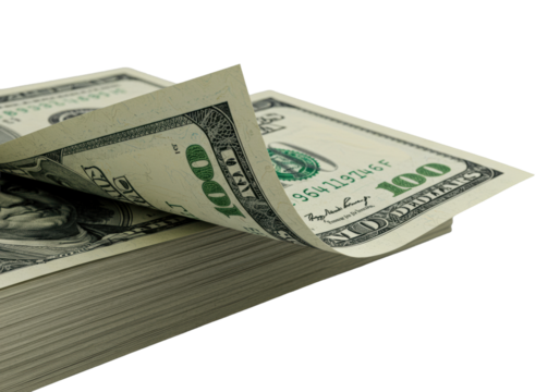 Extreme macro close-up of new US 100 dollar bill with curled corner revealing security thread, Ben Franklin portrait, linen texture, vibrant green hues on transparent, Concept of financial precision