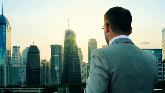 Back view of a businessman in a formal suit against the backdrop of skyscrapers. Confident businessman in suit poses in front of soaring city skyscrapers.
