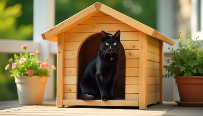 Elegant black cat surveys its domain from a charming wooden sanctuary on a sunny day, surrounded by blooming flowers and lush greenery, exuding tranquility and grace.